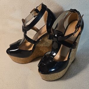Black Patent Leather Wedge Sandals